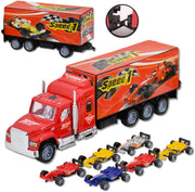 Large 1:32 Scale Trailer Truck Vehicle Play Set with 6 Assorted Race Cars